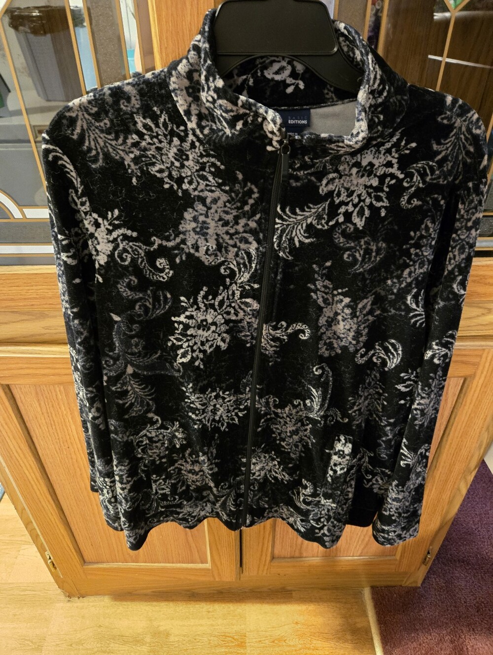Black & Gray Velvet Zip-Front Jacket